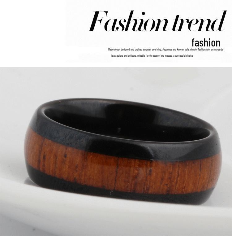 Elegant European & American 8MM Stainless Steel Pinky Ring with Black Wood Grain
