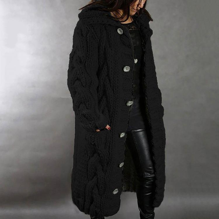 Women Large Size Long Sleeve Hooded Cardigan Sweater with Pockets Single Breasted Coat
