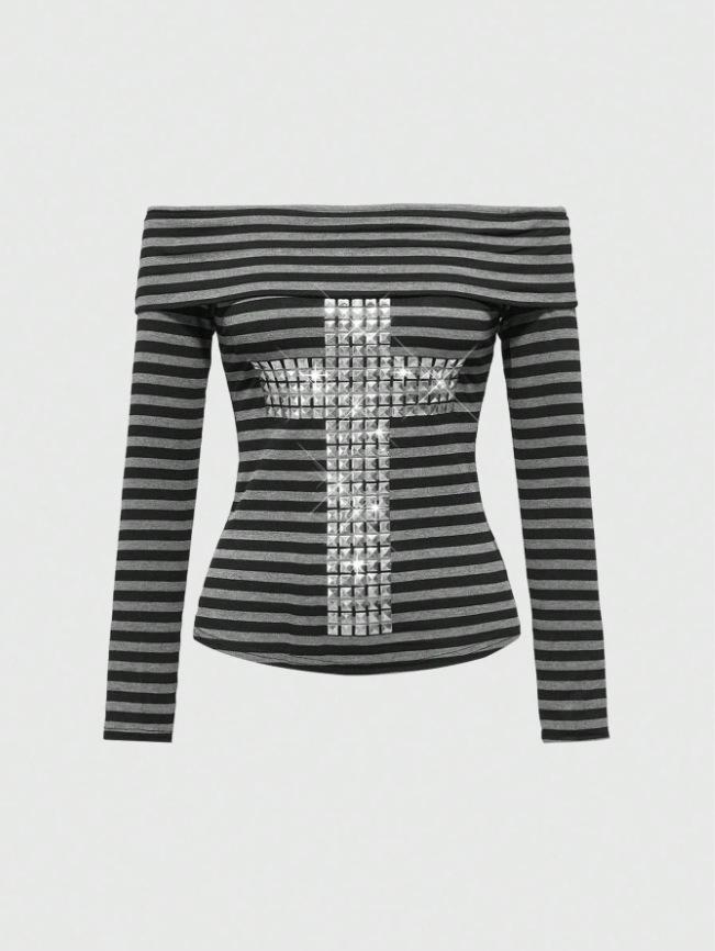 Autumn/Winter Slim Fit Ribbed Long Sleeve Top with Letter Print for Women Small