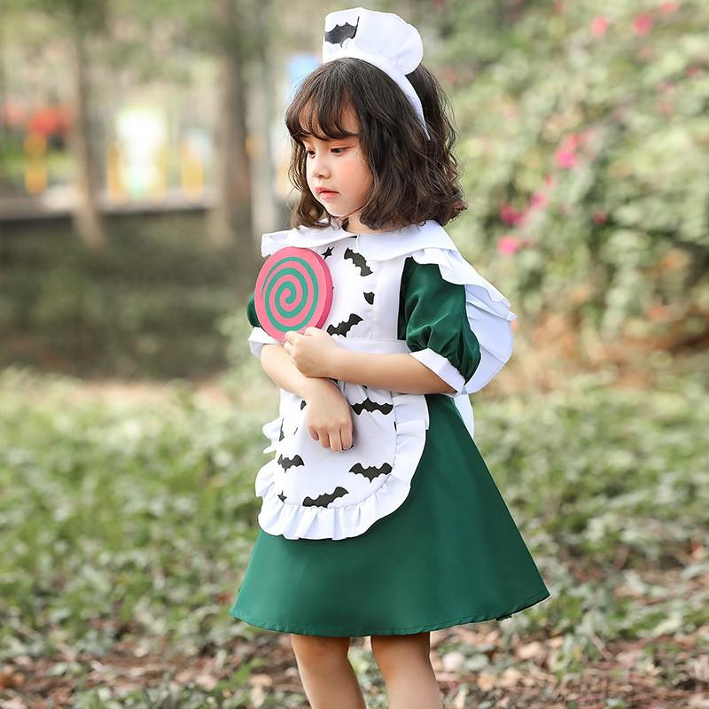 Girls Halloween Cosplay Costume Anime Maid Bat Print Green Party Dress Kids Performance Dancewear