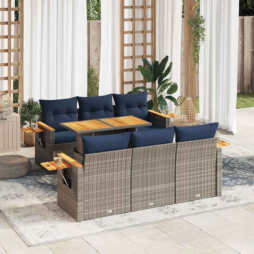 7 Piece Garden Sofa Set with Cushions Gray Poly Rattan