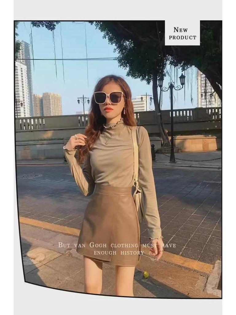 2024 Dame Høst/Vinter Høy midje Retro A-linje Kaffe Matt PU-skinnskjørt