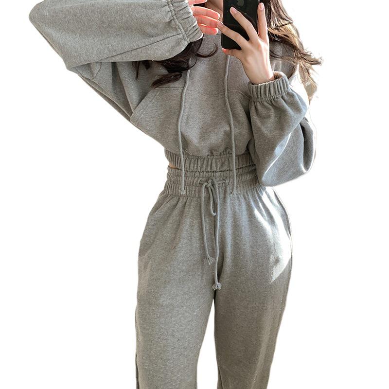 Korean Chic Long-Sleeve Hooded Sweatshirt + High-Waisted Jogger Pants Set
