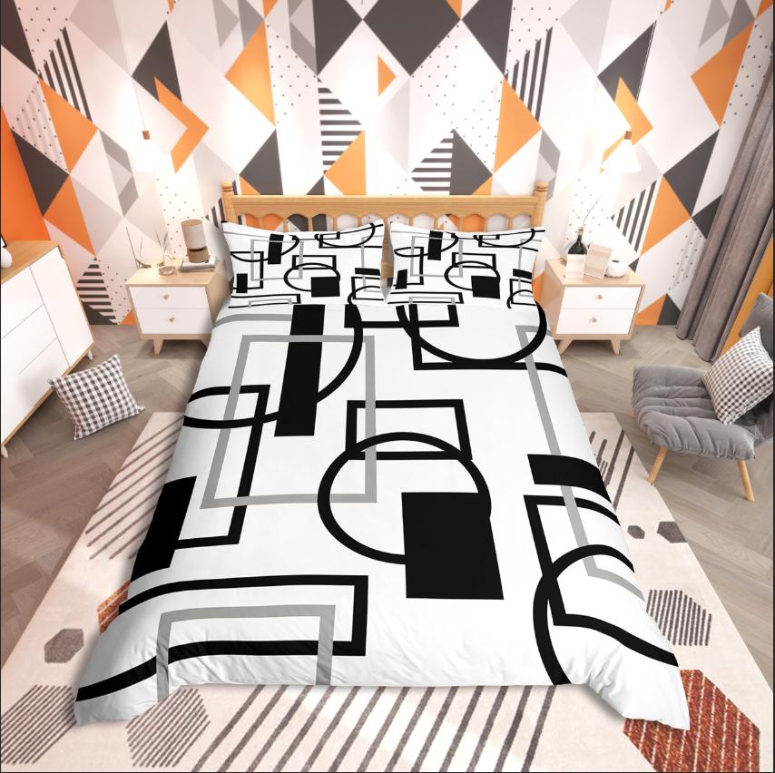 Homewish Geometric Rectangle Stripes Duvet Cover Set,Mid Century for Teens Bedding Set,Abstract Vintage Decor