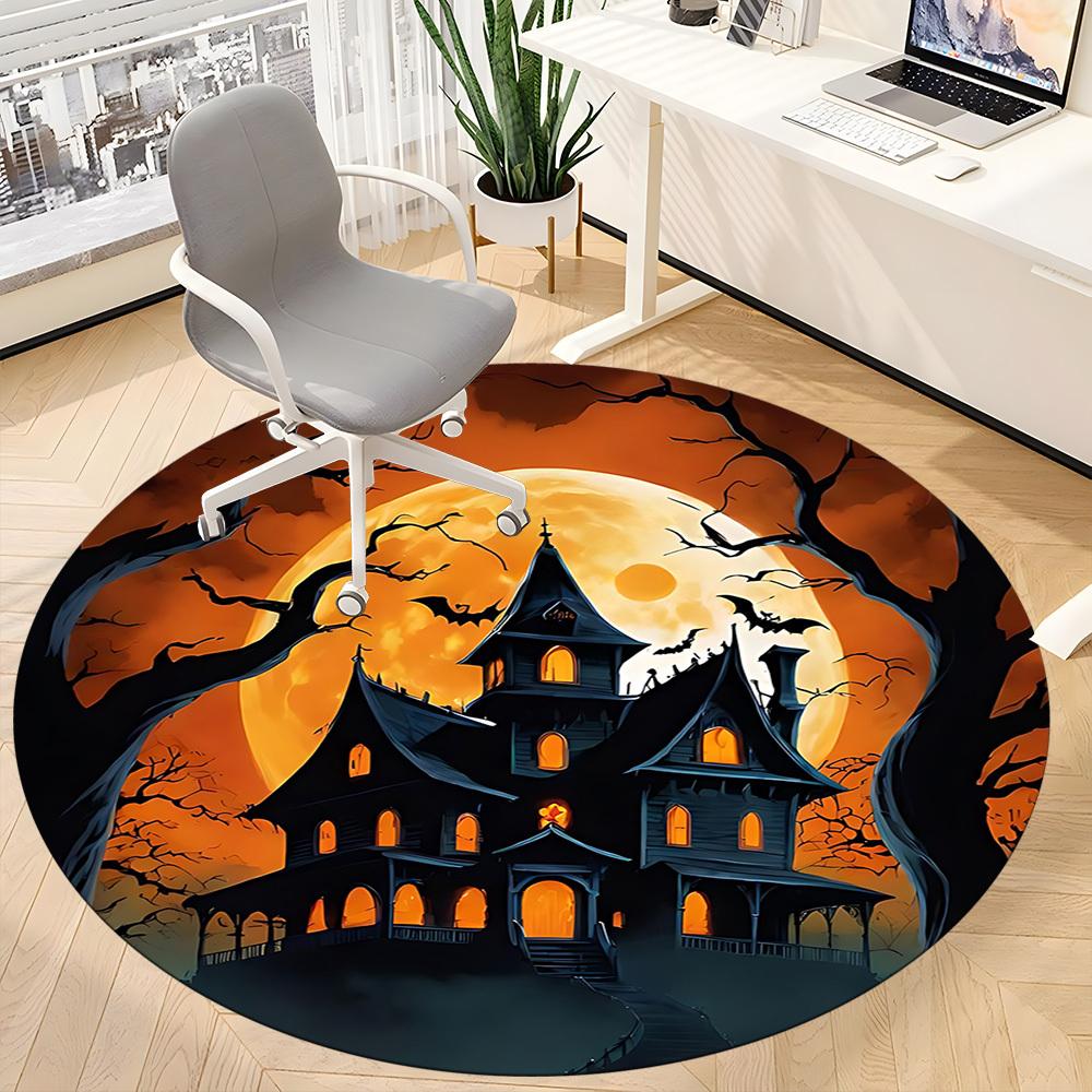 1pc Haunted House Moonlit Night Office Round Area Rug, Under Office Chairs Bedroom Living Room Home Decor, Room Deco, Available in Various Sizes