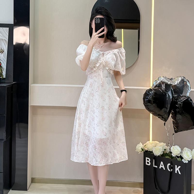 Summer Ruffle Collar Print Dress: Mid-Length Puff Sleeve, Off-the-Shoulder, Two-Way Wear