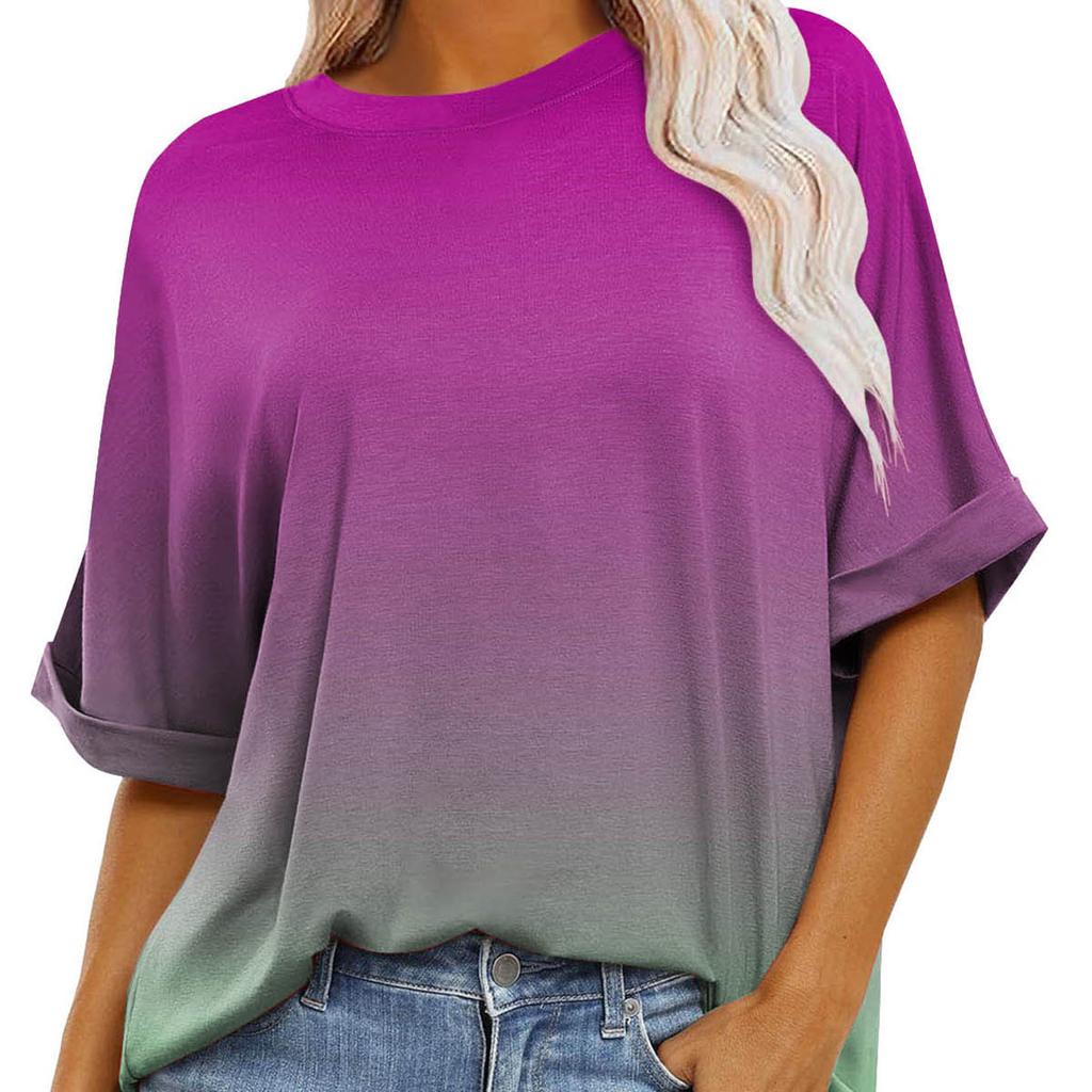 Stripete graduerte trykk rund hals kortermet for kvinner Sommer Uformell Løs mote Pullover T-skjorte Arbeidsferie Pustende Lett Compy Topp