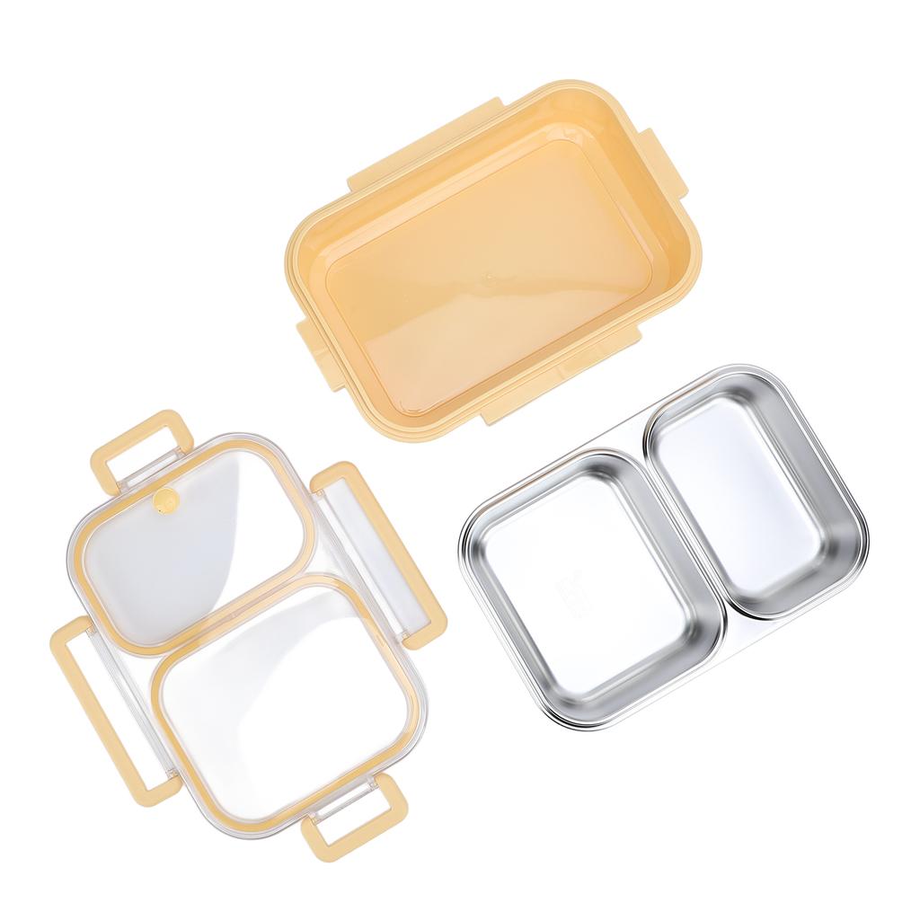 Edelstahl Lunchbox Behälter Versiegelt Geruchsdicht 2 Fächer Tragbar Quadratisch 1.2L Gelb