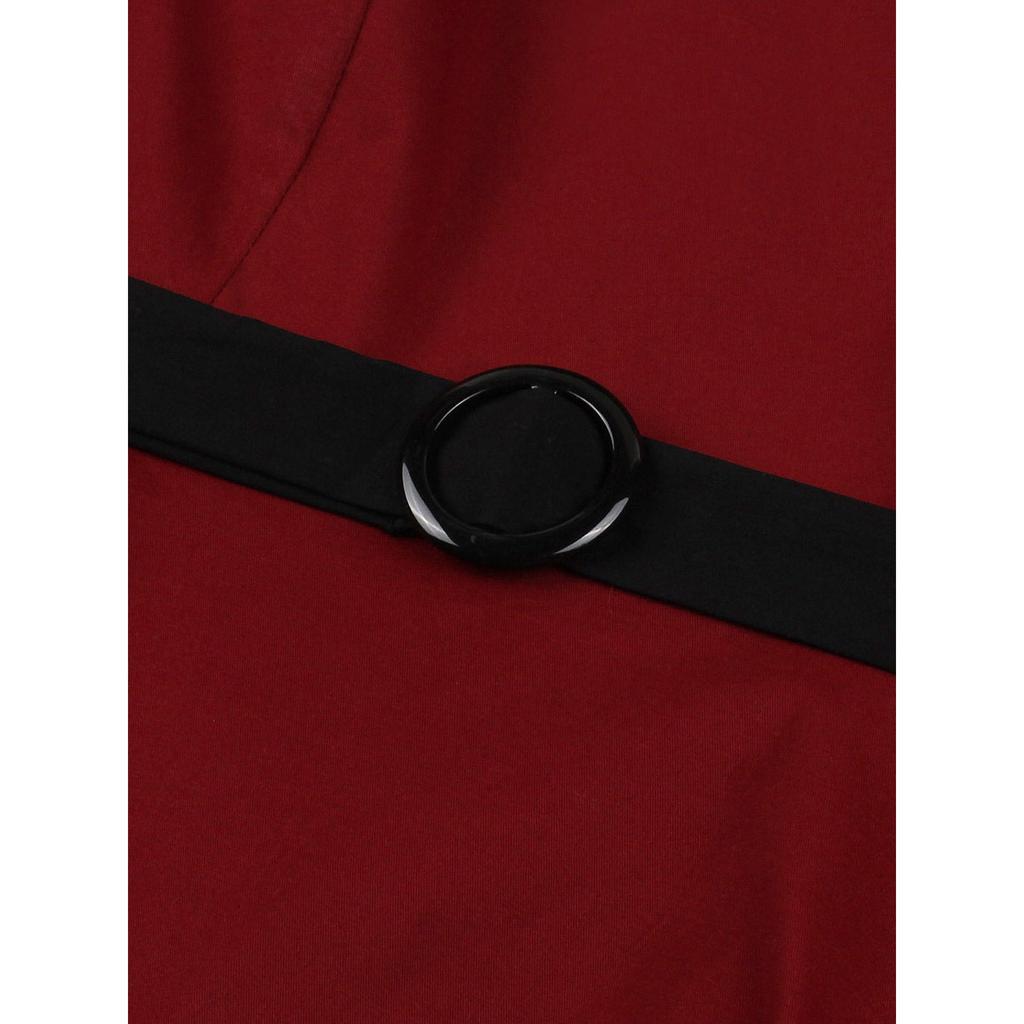 GMXIA Vintage Women's Bow Tie Tie Matching Wine Red Cotton Swing Mid-length Dress