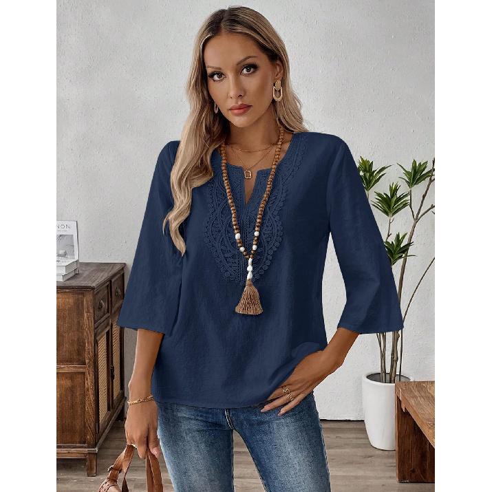 2026 Spring/Summer Bohemian Style Women's Linen Lace Trim V-Neck Three-Quarter Sleeve Casual Blouse