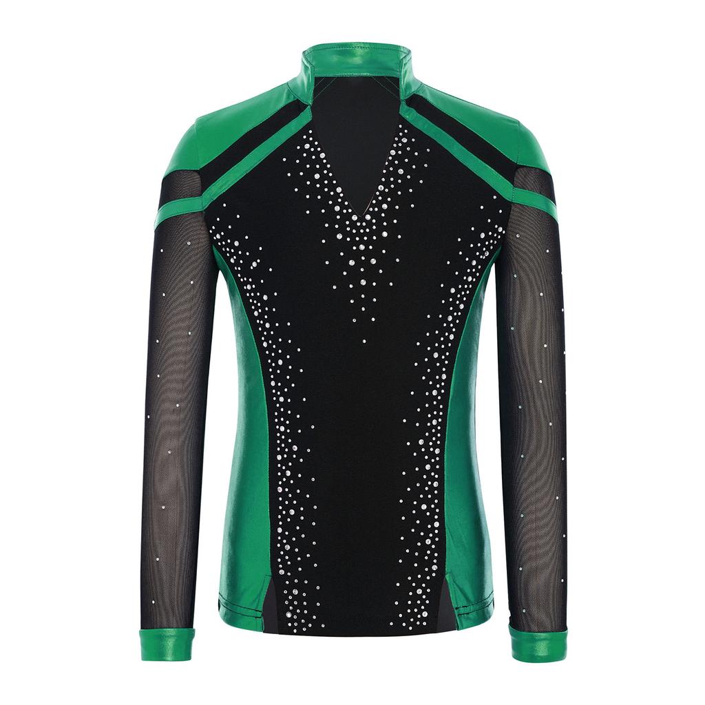 Boys V Neck Long Sleeve Shiny Metallic Color Block Figure Skating Top