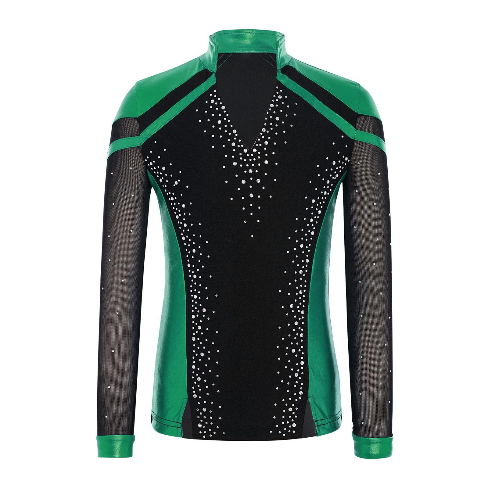 

Boys V Neck Long Sleeve Shiny Metallic Color Block Figure Skating Top 5-6 Years зелений