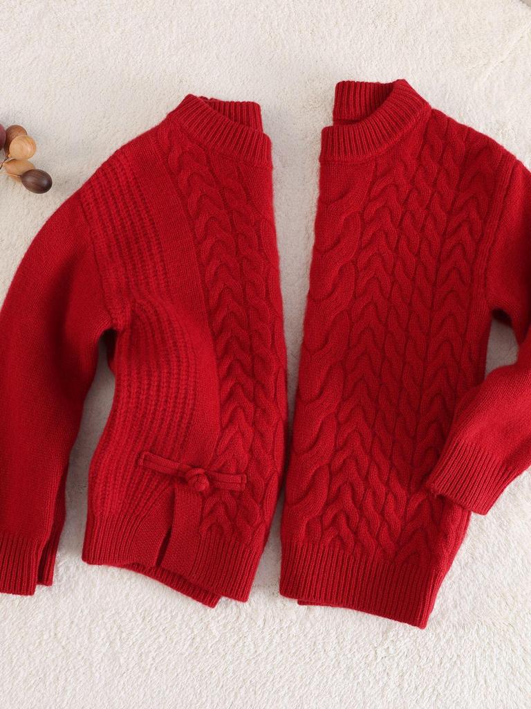 New Unisex Children's Festive Chinese Style Wool Cable Knit Sweater