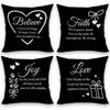 2D Flat - Set of Four Single-Sided 2D Pillow Covers In Black Featuring Motivational Words Such As Believe, Faith, Joy, And Love. These Are Perfect for