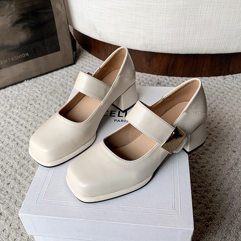 Retro Square Head Word with Thick Heel Mary Jane Shoes Literary Small Leather Shoes Women's Shoes Versatile High Heel Single Shoes Women