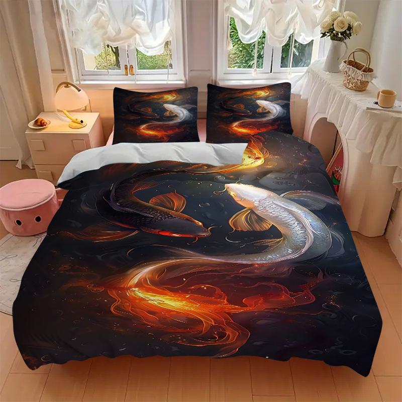 3PCs Koi Fish Yin Yang Design Cover Set, Breathable Fabric(1 Duvet Cover + 2 Pillowcases) (Without Quilt) yy250911185
