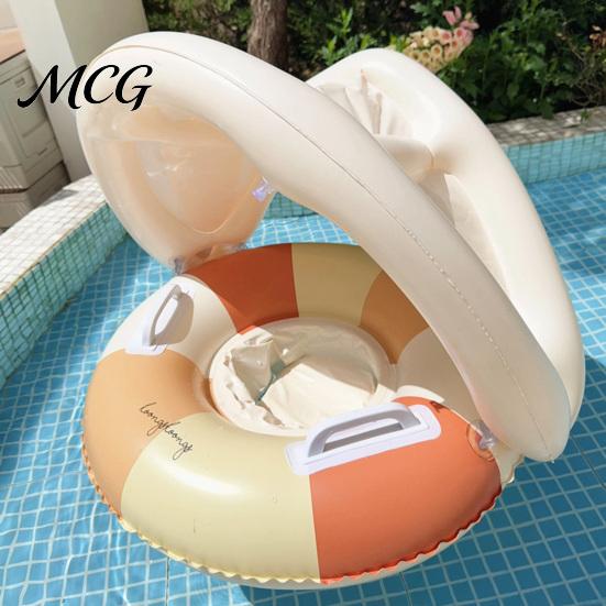 Aufblasbarer Schwimmring Baby mit abnehmbarem Verdeck, Gestreifter Pool Schwimmring Sitz Schwimmgriff, Sonnenschutz Schwimmen für Kleinkinder Kleinkind