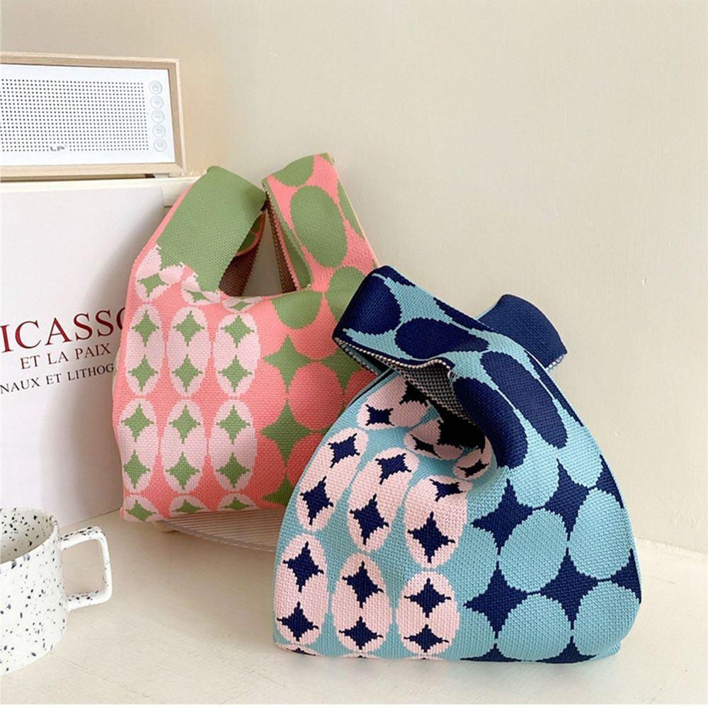Mini Karo Strick Handtasche Nischen Design Damen Mädchen Tragetasche Handgeknüpft Knoten Handgelenk Tasche Lässig Farbe Umhängetasche Einkaufstaschen