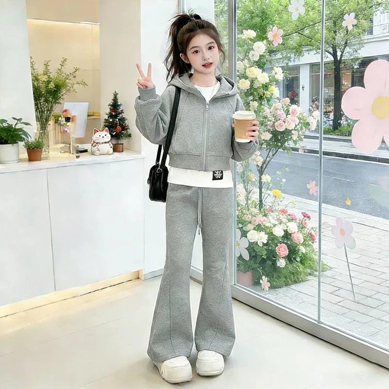 Spring Korean Style Girls' Casual Sports 3-Piece Set: Flared Pants, Top & Jacket