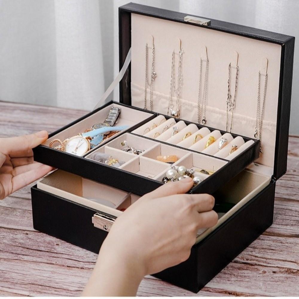 2 Layer Leather Jewelry Organizer with Lock Jewelry Display Case  for Necklace Rings Earrings