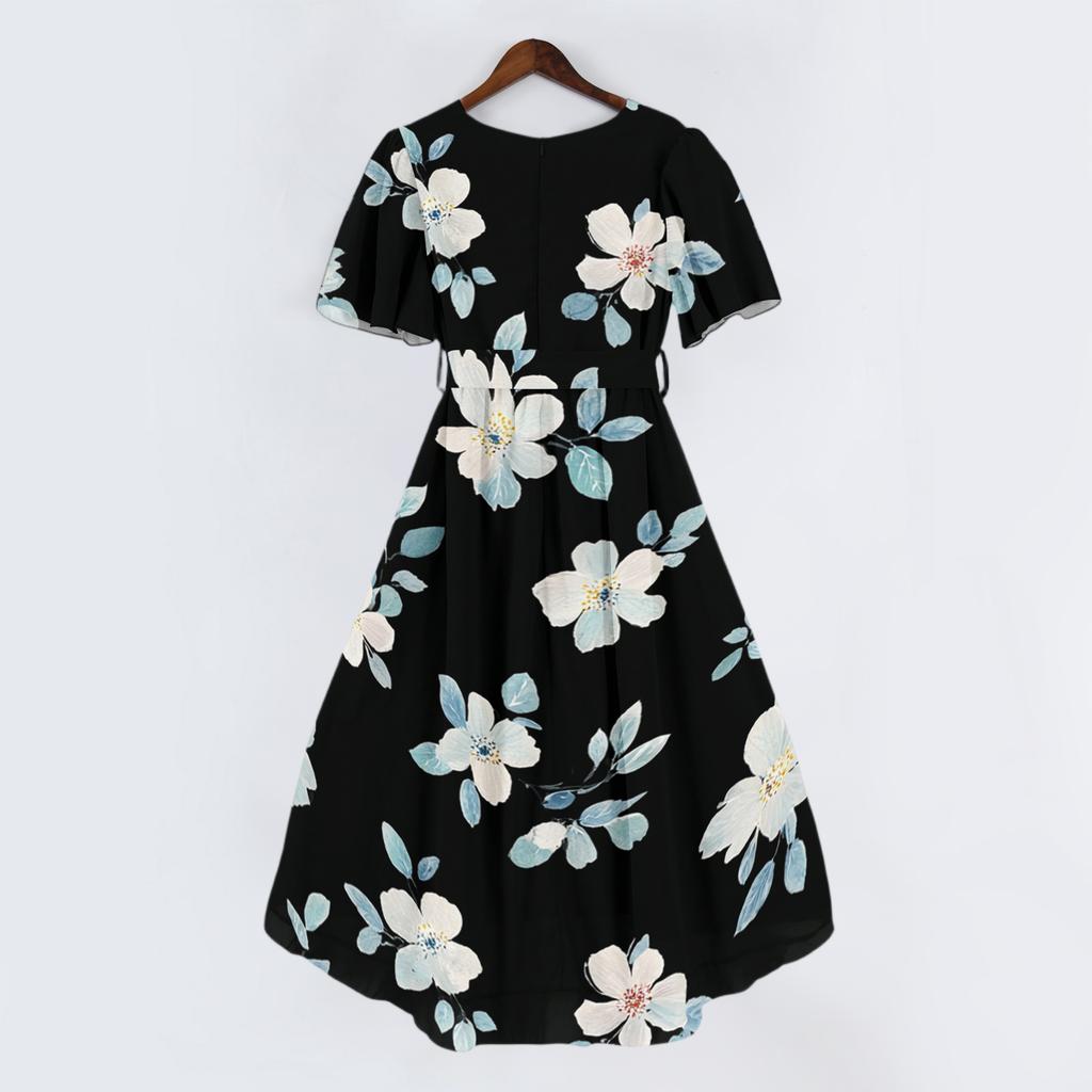 Women V Neck Short Sleeve Floral Print Dress Casual Loose Fit Summer Midi Dress Lightweight Flowing Elegant Style