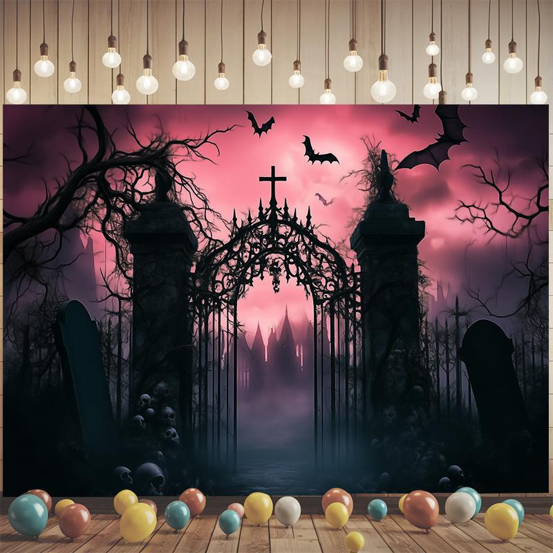 1pc Gothic Cemetery Party Background - Dark pink sky ghost house bats skeletonszyc