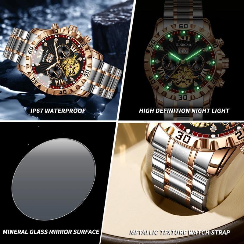 BINBOND Fashion Tourbillon Automatic Watch Men Luxury Skeleton Mechanical Wristwatch Stainless Steel Wristwatches