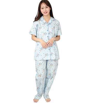 SAZAC Marron Cream Hemd Pyjama Kurzarm und Lang Blume Marron Cream Damen Set, 100% Baumwolle, Hose, Loungewear, (Sax/M/SAN1801)