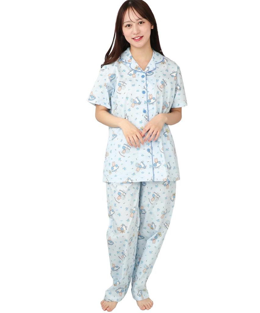 SAZAC Marron Cream Shirt Pajama Short Sleeve and Long Flower Marron Cream Women's Set, 100% Cotton, Pants, Loungewear, (Sax/L/SAN1801)
