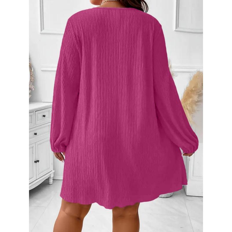 Women Fashion V Neck Long Sleeve Loose Plus Size Midi Dress