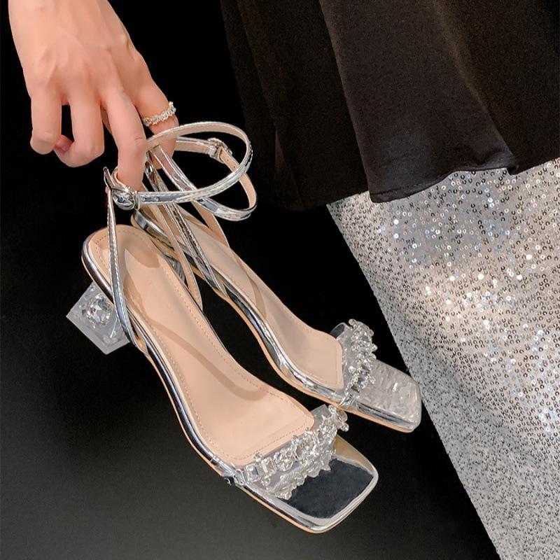 Rhinestone Transparent Sandals Women's 2025 New Summer French Temperament Socialite Crystal Thick Heel Versatile Silver High Heels