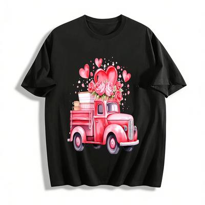 Romantic Heart Rose Vintage Truck Print Casual Top Pure Cotton T-shirt