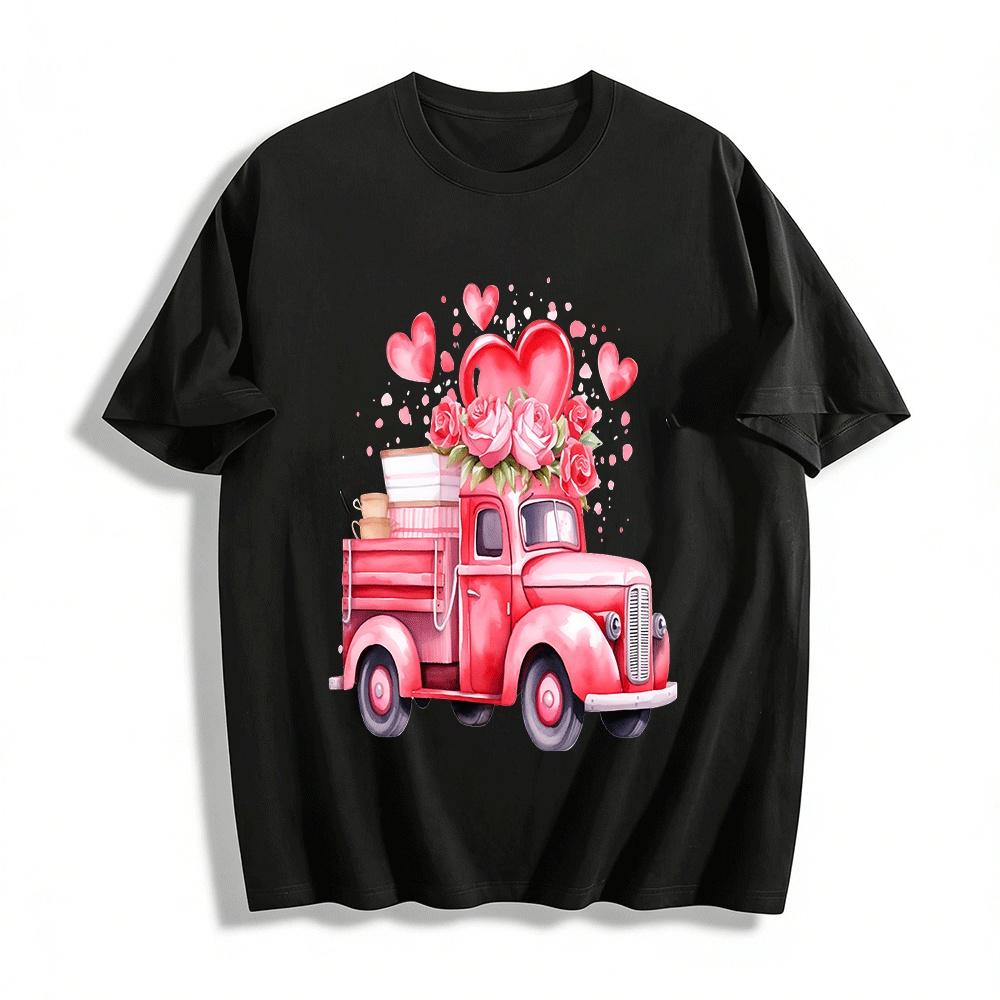Romantic Heart Rose Vintage Truck Print Casual Top Pure cotton T-shirt XXS