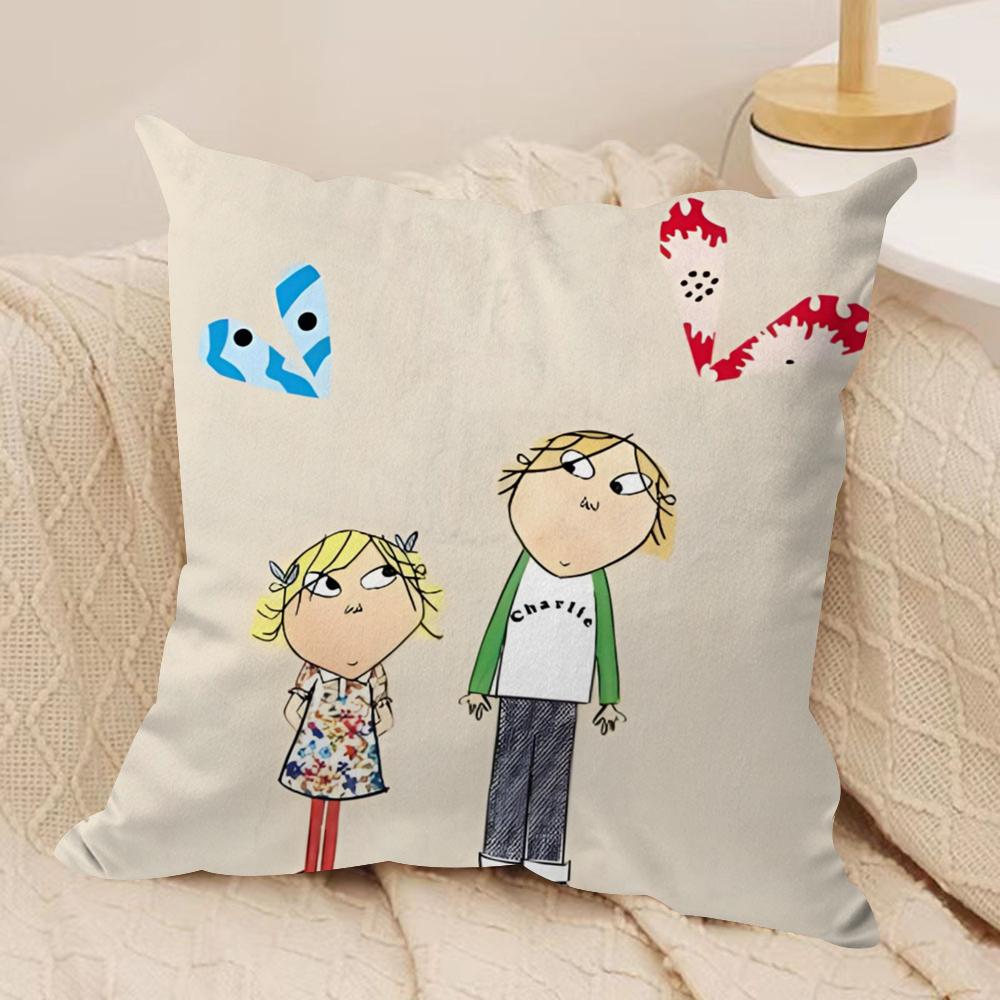 Charlie and Lola Anime Cushion Cover Soft Plush Fabric Double-Sided Printed Sofa Cushion Cover for All Seasons Home Decor Gift