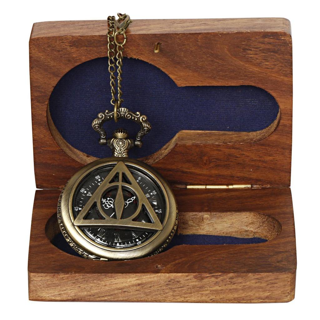 Triangle Analog Locket Pocket Watch with Long Chain and Roman Numbers Jewellery Necklace with Wooden Box for Women and Men