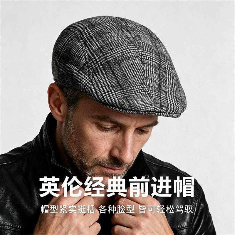 Autumn and Winter Small Plaid Forward Hat Men's and Women's Casual Retro Hat Warm Beret Comfortable and Versatile Director Hat
