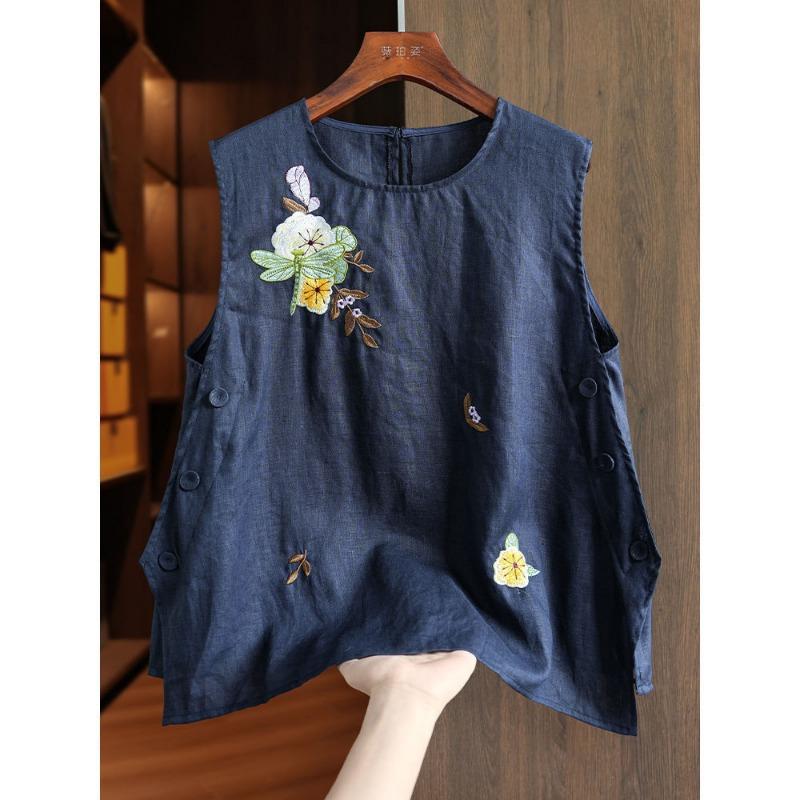 Women Dragonfly And Floral Embroidered Round Neck Side Button Sleeveless Linen Blend Blouse M темно-синий