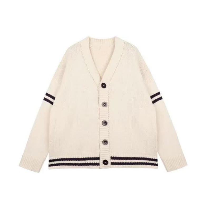 Fashion Versatile College Style Knitted Cardigan Women's Autumn and Winter V-Neck Contrasting Striped Sweater Jacket Loose Large Size