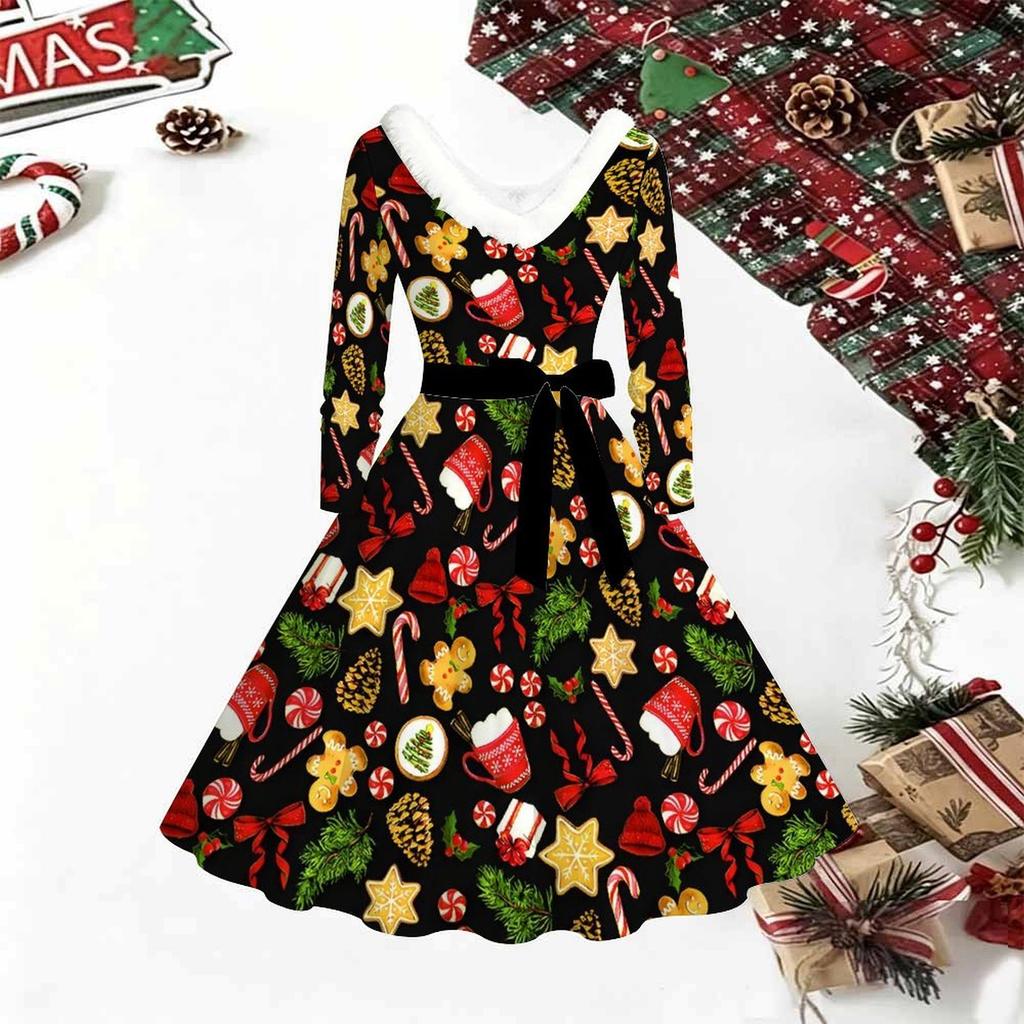 Women Christmas Tree Print Midi Dress, Long Sleeve V‑Neck Furry Trim A‑Line Party Dress, Christmas Limited Edition