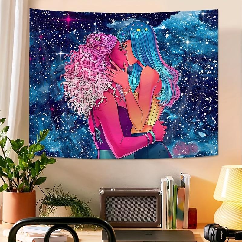 Cosmic Love Theme Tapestry, Polyester Knit Wall Hanging, Starry Sky Design Romantic LGBTQ Pride Art for Bedroom Indoor Decor