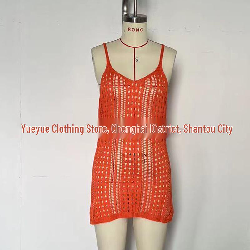 European and American Women's See-Through Spaghetti Strap Knit Beach Dress