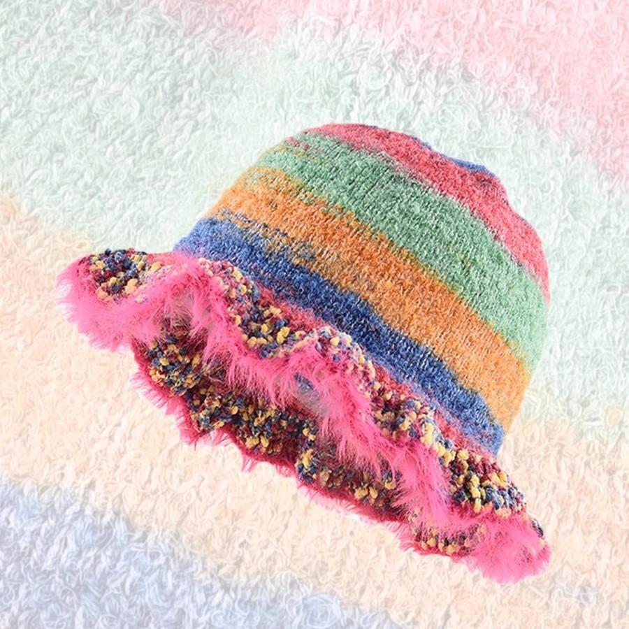 New Style Fashion Retro Colorful Striped Oil Painting Style Ruffled Fisherman Hat for Women In Autumn and Winter Warm Knitted Pot Hat Trend