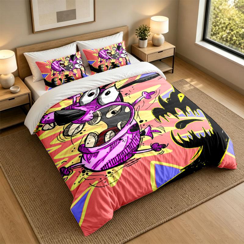 3Pcs Bedding SetCourage the Cowardly Dog Soft Bed Sheet and Two Pillowcases Home Bedroom Decor