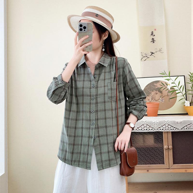 New Retro Literary Double-layer Cotton Yarn Plaid Shirt Japanese Casual Style Loose and Thin Pure Cotton Long-sleeved Shirt Women