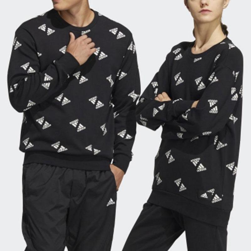 adidas Men's Black All-Over Print Logo Crew Neck Sweatshirt HE7447