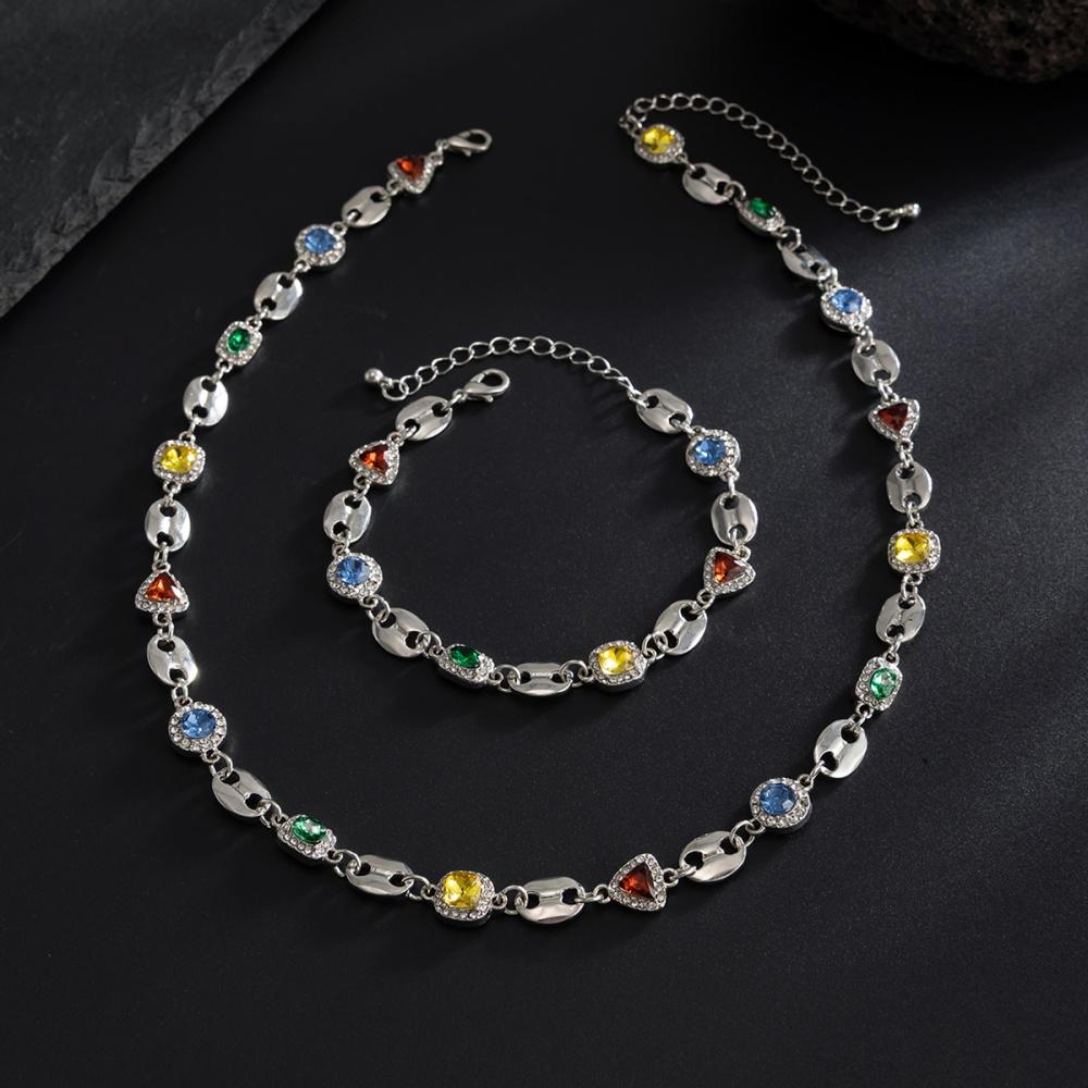 Y2K Multi Color Rhinestone Gemstone Necklace Bracelet Set for Men Trendy Male Collarbone Chain Accessories Fashion Jewelry Gifts