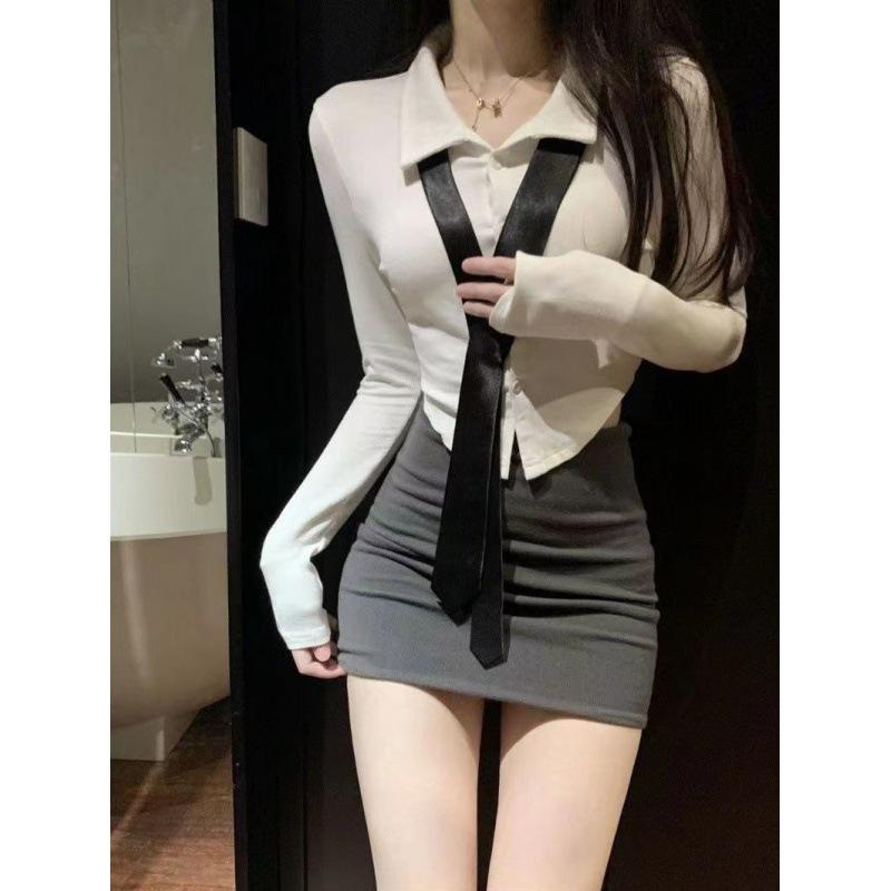 Women's Autumn Slim Fit White Shirt & Hip Skirt Set - Long Sleeve, Pure Desire