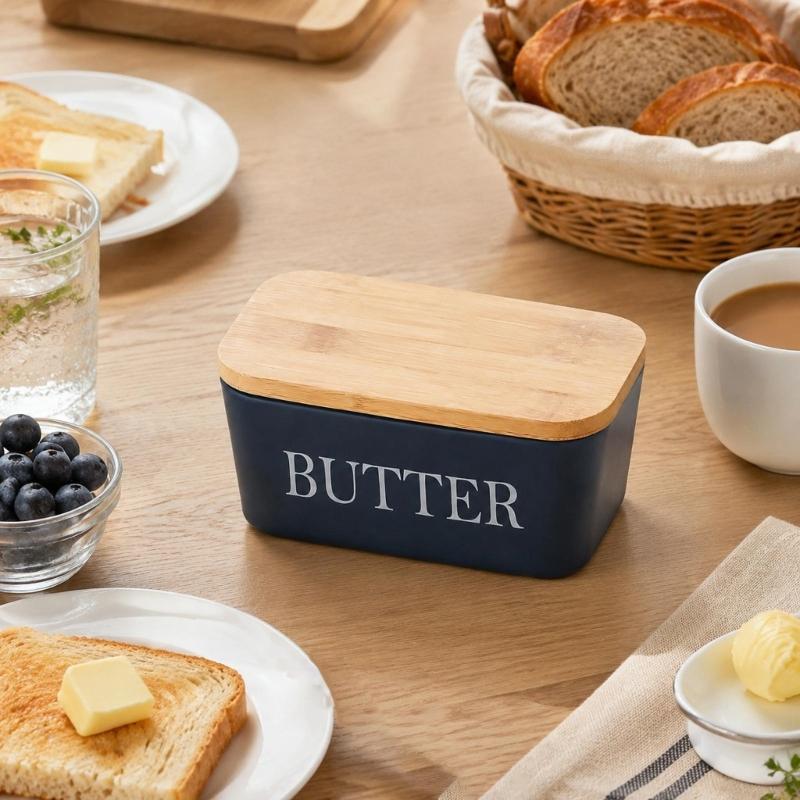 Butter Dish with Natural Wood Lid, Covered Butter Container for Refrigerator Storage and Everyday Table Service