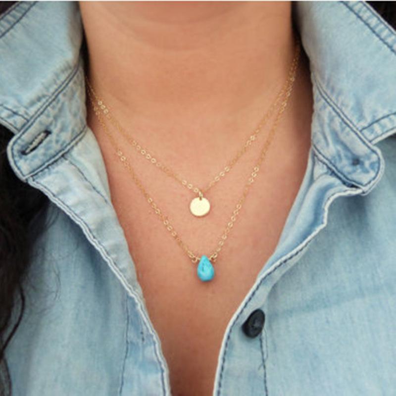 Accessories, Vintage Minimalist Women's Accessories, Double-layered Geometric Teardrop Turquoise Sequined Necklace