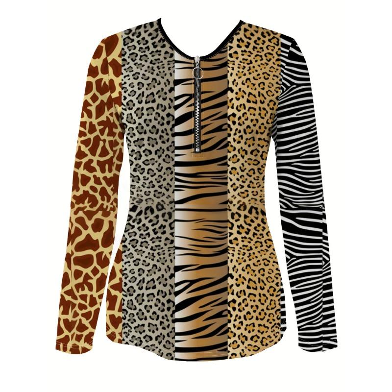 Tiger Print Leopard Print Zipper T-shirt, Casual Long-sleeved Top Suitable for Spring and Autumn, Suitable for Home and Outdoor Wear